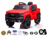 Enjoy an adventure with the Red Official Chevrolet Silverado Truck 12V Kids Ride-on Car. It features black accents, large EVA rubber wheels, a steering wheel, adjustable leather seat, realistic lights, a USB/MP3 player, and includes a remote control for extra fun.