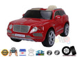 The Red Licensed Bentley Bentayga Complete Edition 12V Kids Ride On Car features chrome accents, black-tinted windows, leather seating, a 12V battery, music capabilities, rubber wheels, Parental Remote Control for safety, and official licensing.