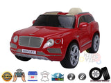 The Red Licensed Bentley Bentayga Complete Edition 12V Kids Ride On Car features chrome accents, black-tinted windows, leather seating, a 12V battery, music capabilities, rubber wheels, Parental Remote Control for safety, and official licensing.