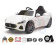 The Official Upgraded 12V Maserati Gran Cabrio Ride-On Car for Kids has visible front logos, a black seat, steering wheel, gray wheels, and features like a licensed model, 12V battery, leather seat, micro SD slot, music system, and EVA rubber wheels.