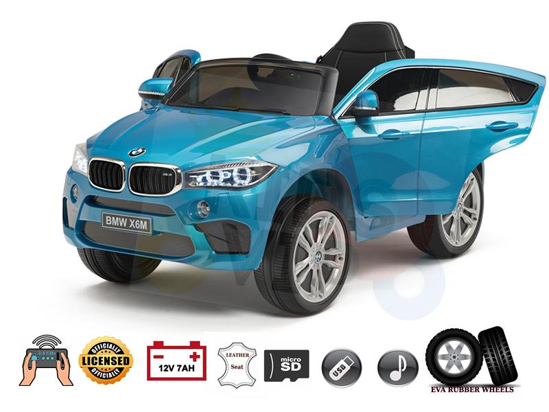 The Limited Licensed BMW X6M 12V Kids Ride On Car impresses young drivers with its sleek blue design, working doors, black leather seats, remote control, music features, microSD slot, and durable EVA rubber wheels for endless adventures.