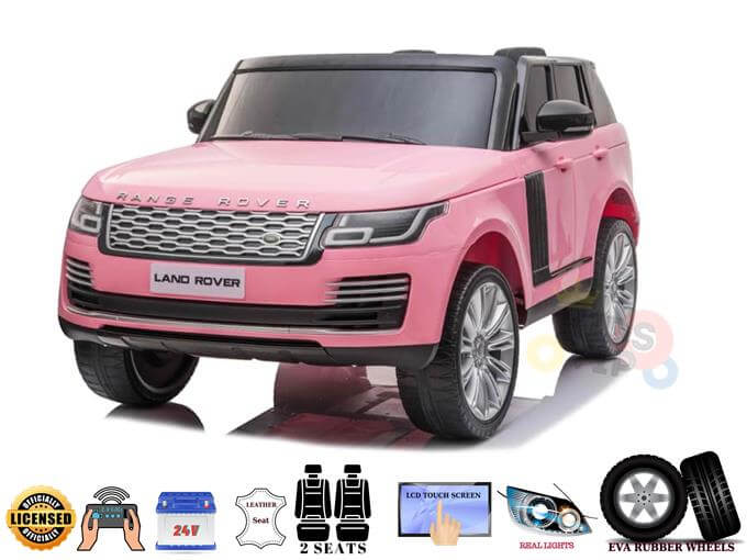 The Pink 24V Official Range Rover Complete MP4 Edition Kids Ride On Car with RC features black accents, modern LED screens, leather seats, and EVA rubber wheels. This licensed design includes two seats and serial lights.