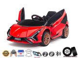 Experience the thrill with the Red Official 12V Sport Edition Lamborghini Sian Kids Ride On Car, featuring butterfly doors, black accents, bronze wheels, leather seat, USB/Bluetooth music options, LED lights, EVA rubber wheels, and a parental remote for enhanced safety.