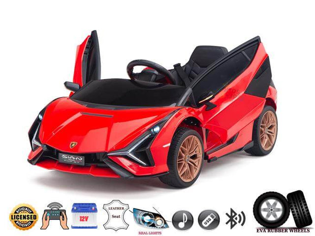 Experience the thrill with the Red Official 12V Sport Edition Lamborghini Sian Kids Ride On Car, featuring butterfly doors, black accents, bronze wheels, leather seat, USB/Bluetooth music options, LED lights, EVA rubber wheels, and a parental remote for enhanced safety.