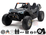 The Black 24V/4X4 Dune Buggy Ride On UTV is a rugged toy car with an open design, leather seats, and large EVA rubber wheels, featuring a front grille and showcasing its heavy-duty construction and sound system.