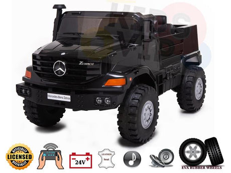 The Black 24V XXL Mercedes-Benz Zetros Kids Ride-On Truck with RC is a stylish 2-seater toy featuring large EVA rubber wheels, a front Mercedes logo, sound system, and official licensing badge. Icons highlight its luxurious leather seat and durable build.