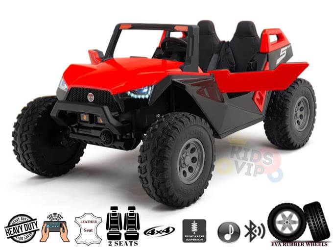 Introducing the Red 24V/4X4 Dune Buggy Ride On UTV: a red and black toy car with rugged rubber tires, two leather seats, EVA wheels, and lights. Perfect for adventurous kids, it features a Parental Remote Control for safety and offers music connectivity in its heavy-duty design.