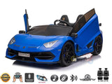 The Upgrade Your Kids Ride with the Blue 24v Lamborghini SVJ Drifting Car features a strong 24V battery, open gull-wing doors, lights, music, Bluetooth, and front/rear suspension. With licensed badges and a parental remote control for safety, it offers fun with two seats.