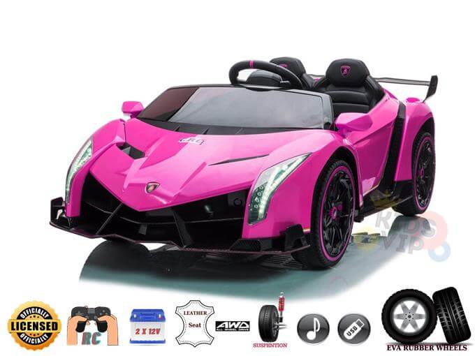 The Pink 2X12V Limited Edition 4WD Lamborghini Veneno Ride-on Car features a luxurious seat, black accents, detailed headlights, leather seats, EVA rubber wheels, and remote control functionality, capturing the sleek sports car design.