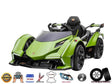 The Green 12V Lamborghini Vision GT Kids Ride-on Car mimics a sleek Lamborghini design, featuring a leather seat, steering, and realistic details. Includes remote control, lights, music, and EVA rubber wheels.