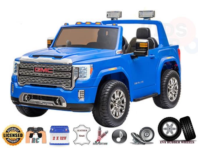 The Blue 2 Seats Officially Licensed 4WD GMC Sierra 2x12V Kids Ride On Car with RC features a truck style, detailed grille, spotlights, chrome wheels, leather seats, steering wheel, dashboard icons for remote control, battery power, sound system, and EVA rubber wheels for smooth riding.