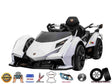 The White 12V Official Lamborghini Vision GT Kids Ride-On car is a sleek, stylish toy with black accents. It features a leather seat, real lights, EVA rubber wheels, and remote control. Various feature icons highlight this chic ride-ons impressive design.