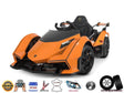 Orange 12V Official Lamborghini Vision GT Kids Ride-On Car with black leather seat and rubber wheels, featuring remote control, powerful battery, music capabilities, and real lights.