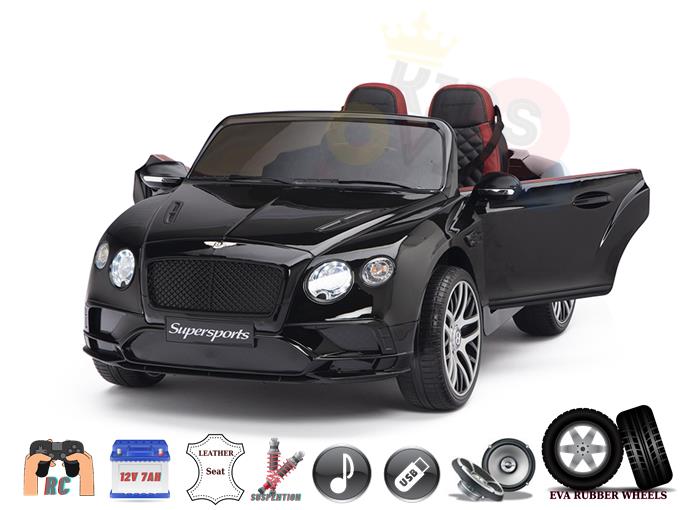 Introducing the Licensed Bentley Sport GT Edition 12V Kids Ride On Car: a sleek black convertible with open doors, red leather seats, EVA rubber wheels, suspension system, remote control, and built-in music for endless fun.