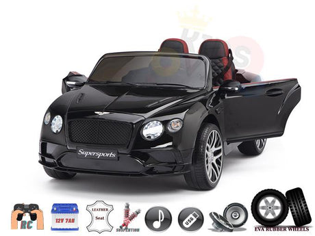 The Black 12V Bentley GTC Kids Licensed Ride On Car features red leather seats, EVA rubber wheels, suspension, USB connectivity, working lights, openable doors, and remote control for a realistic driving experience.