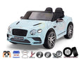 Introducing the Blue 12V Bentley GTC Kids Licensed Ride On Car, featuring black leather seats and a detailed dashboard. This remote control car comes with EVA rubber wheels, suspension, and music capabilities for a luxury sports car experience.