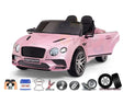 The Licensed Bentley Sport GT Edition 12V Kids Ride On Car features a pink convertible with black diamond-pattern leather seats, open doors, music capabilities, suspension, rubber wheels, and Parental Remote Control. Its Supersports license plate and tires offer an authentic touch.