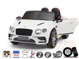 The White Licensed Bentley Sport GT Edition 12V Kids Ride-On Car features two seats, opening doors, a Supersports front plate, remote control function, luxury leather seat, smooth suspension, music options, durable EVA rubber wheels, and a 12V battery for extended play.