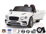 The White Licensed Bentley Sport GT Edition 12V Kids Ride-On Car features two seats, opening doors, a Supersports front plate, remote control function, luxury leather seat, smooth suspension, music options, durable EVA rubber wheels, and a 12V battery for extended play.