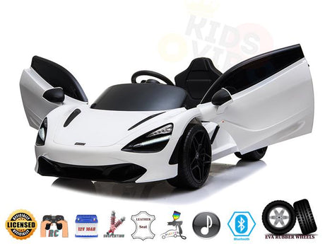 A Licensed McLaren 720S ride-on supercar in white flaunts a sleek design with open doors, featuring a remote control, 12V 10AH battery, leather seat, MP3 capability, Bluetooth, and EVA rubber wheels.