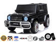 The Black 24V/4x4 Official Mercedes Benz G63 Ride On Car with RC features LED headlights, a detailed front grille, silver bumper, leather seats, USB port, EVA rubber wheels, and icons highlighting its official licensing and remote-controlled prowess for an unmatched driving experience.