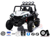 Check out the 4X4 Edition 24V Viper Kids Ride on Buggy/UTV, featuring a roll bar, top headlights, chic white and black design, leather seats, Bluetooth connectivity, and durable rubber wheels. Perfect for kids off-road adventures! Feature icons are at the bottom.