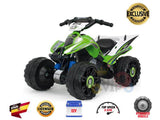 The Green 12V INJUSA Official Kawasaki Ride-On Quad for kids features a green and white design, large black wheels, handlebars, decals, and badges. It reaches a top speed of 6 km/h under licensed production.