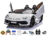 The Upgrade Your Ride with the White 24v Lamborghini SVJ Drifting Kids Ride on Car offers thrilling fun with open scissor doors, a realistic licensed model design, drifting wheels, leather seat, real lights, two seats, a 24V battery, and remote control compatibility.