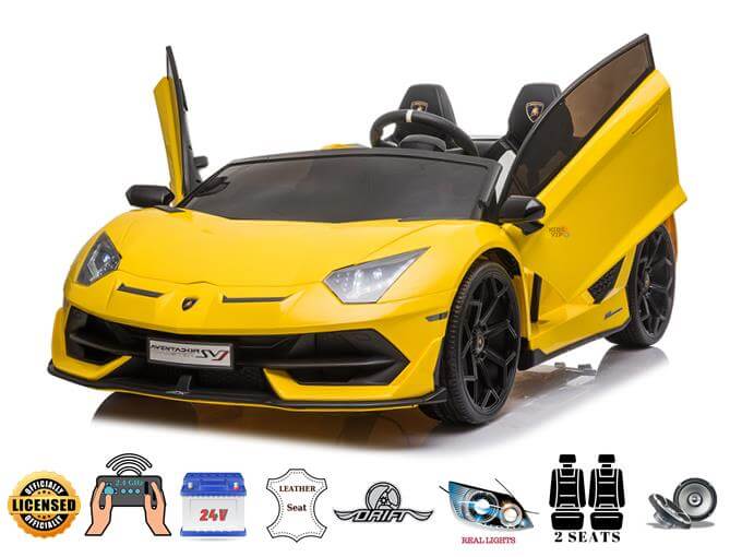 The Yellow 24V Lamborghini SVJ Drifting Kids Ride-On Car features scissor doors, two seats with visible controls, licensed badges, leather seats, real lights and sound, and drifting wheels for thrilling adventures.