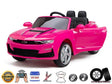 The Official Sport 12V Chevrolet Camaro Ride-On Car for kids and toddlers features a pink design with black leather seats, a steering wheel, USB connectivity, and durable EVA rubber wheels—perfect for adventurous play.