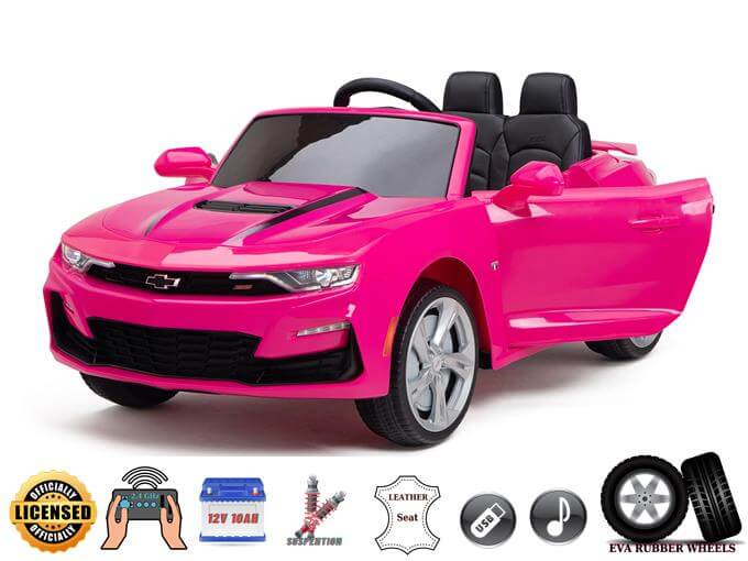 The Pink 12V Official Sport Chevrolet Camaro Kids Ride on Car resembles a convertible sports car with a plush black interior, open doors, Chevrolet logo, USB icons, leather seating, EVA rubber wheels, and a strong 12V battery.