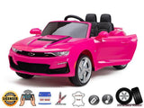 The Pink 12V Official Sport Chevrolet Camaro Kids Ride on Car resembles a convertible sports car with a plush black interior, open doors, Chevrolet logo, USB icons, leather seating, EVA rubber wheels, and a strong 12V battery.