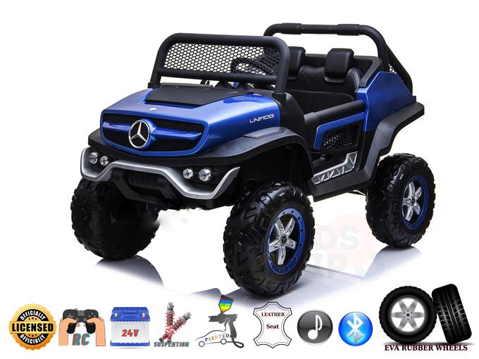 The Official and Exciting! Ultimate 2 Seater Mercedes Unimog 24V Kids Ride On Car with Remote Control is a blue vehicle perfect for off-road with durable tires, front grille guard, leather seats, Bluetooth, EVA rubber wheels, powered by a 24V motor. Icons for each feature are shown below.