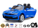 The Blue Official Sport 12V Chevrolet Camaro Ride-On Car for Kids is a Bluetooth-enabled convertible with open doors, black leather interior, EVA rubber wheels, USB port, and licensed branding. Assorted icons detail additional specifications of this stylish toy car.