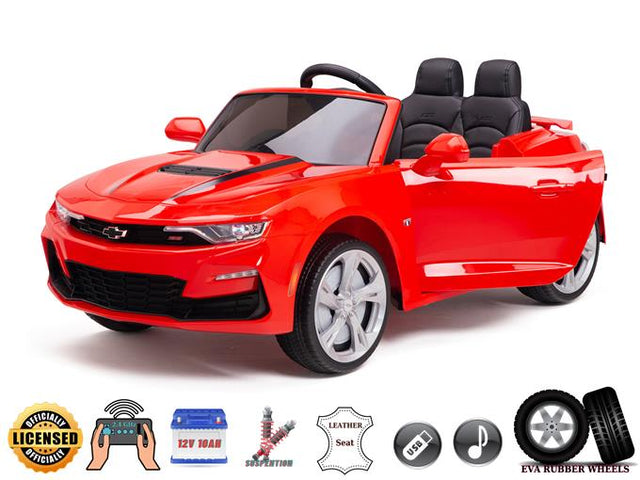 The Official Sport 12V Chevrolet Camaro Kids and Toddlers Ride on Car is a bright red toy with black seats and silver wheels. It features EVA rubber wheels, a steering wheel, realistic decals, and various badges for smooth rides.