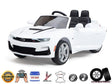 Experience the excitement with the Official Sport 12V Chevrolet Camaro Ride on Car for kids and toddlers. This sleek white toy features black leather seats, a USB port, sturdy EVA rubber wheels, and suspension for a comfortable, adventurous ride.