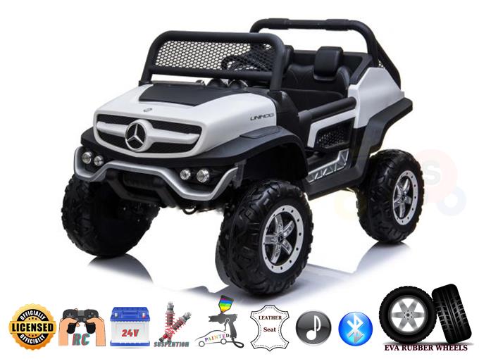 The White Ultimate 2 Seater Mercedes Unimog 24V Kids Ride On Car mimics a sleek white and black Mercedes-Benz SUV with large rubber wheels, a netted grille, and compact seating. It features advanced tech like parental remote control, Bluetooth, and leather seats.