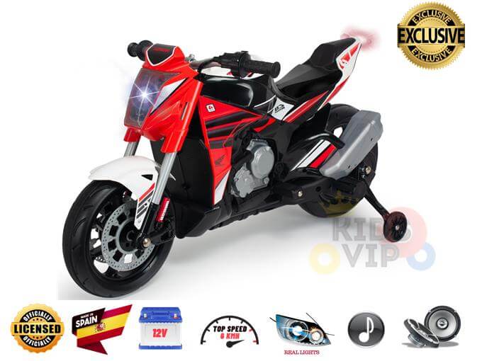 The Red INJUSA 12V Honda Naked Edition Ride On Bike for Kids features a sporty design with stabilizers, real lights, and engine sounds. It offers a top speed of 6 km/h and includes licensed status icons. Labels mark it as Exclusive and from Spain.