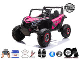 The Pink XXL 2 Seats Challenger MX Buggy 24V Edition is a kids ride-on car with Bluetooth, leather seating, a sturdy off-road design, and EVA rubber wheels. It features two seats, icons for remote control capability, and comes in pink and black.