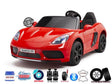 The Red 24V XXL SuperSport Big Kids Ride On Car features a sleek sporty design with black leather seats, a powerful 180W brushless motor for smooth rides, disk brakes, suspension system, and durable EVA rubber wheels.