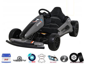 The Grey Big Kids 24V Ultra-Violent Complete Edition Drifting Go-Kart features a sleek black and gray design, includes a leather seat, rubber wheels, 24V motors, rear lights, music function, and disc brake system for thrilling rides.