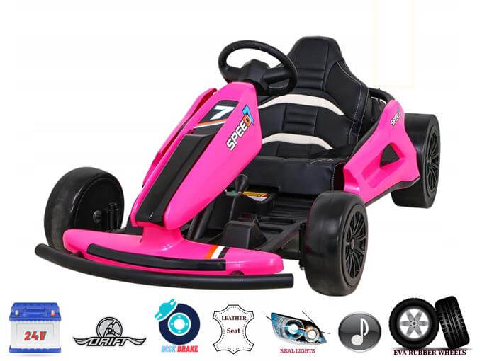 Introducing the Pink 24V Ultra-Violent Big Kids Complete Edition Drifting Go-Kart. This model boasts black accents, a SPEED 7 label, leather seat, EVA rubber wheels, steering wheel, high-speed drifting capability icons, disc brake, rear lights, and music functions.