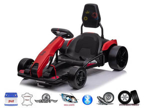 Introducing the Big Kids Powerful 24V Speedster Drifting Go-Kart: a red and black electric marvel featuring EVA rubber wheels, a high-backed seat, real lights, and Bluetooth connectivity for an enhanced ride experience. Feature icons are displayed below for easy reference.