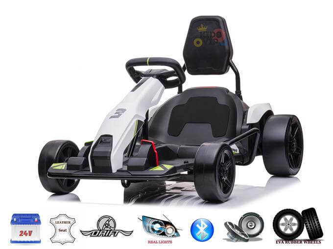 Introducing the Big Kids Powerful 24V Speedster Drifting Go-Kart: A white kart with black wheels, sleek design, upgraded motor, black leather seat, safety indicators, real lights, Bluetooth connectivity, and durable EVA rubber wheels for an exhilarating ride.