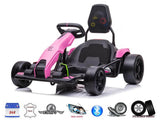 The Big Kids Powerful 24V Speedster Drifting Go-Kart stands out with its pink body, black accents, intricate seat stickers, EVA rubber wheels, and real lights. Icons showcase its leather seat, drift capability, and Bluetooth connectivity—ideal for an exhilarating kids go-kart experience.