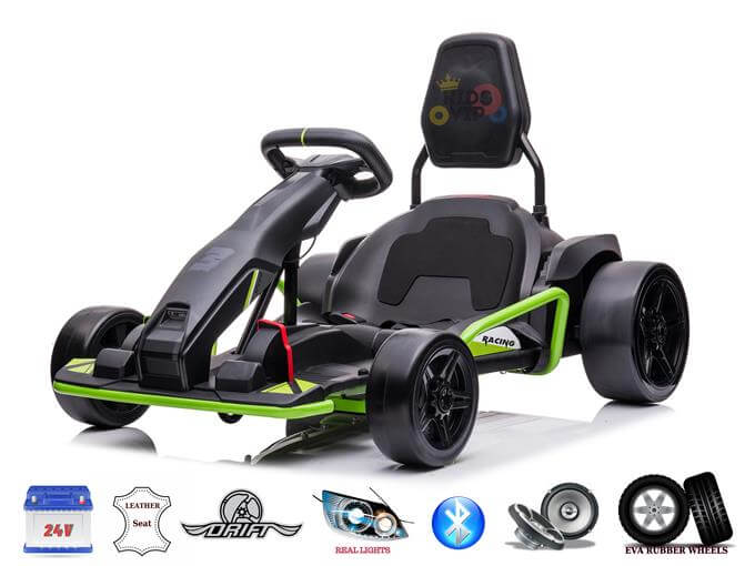 Rev up the excitement with the Big Kids Powerful 24V Speedster Drifting Go-Kart in black and green. Featuring a racing seat, adjustable backrest, large rubber wheels for drifting, Bluetooth connectivity, real headlights, icons of its 24V battery, and luxurious leather seating.