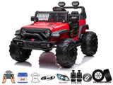 The Red 24V/4WD Xtreme Ride-on Truck features off-road tires, front grill, EVA wheels, leather seats for two, USB port, rear lights, and badges showcasing music controls and its powerful capacity.