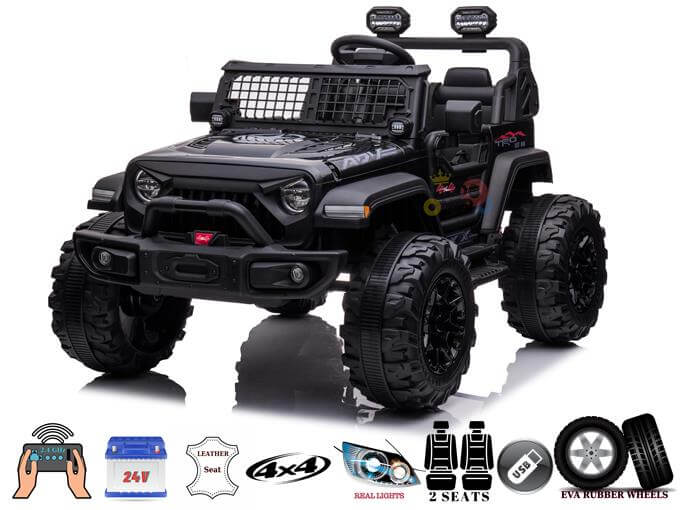 Black 2 Seater 24v Xtreme 4WD Edition Kids Ride on Truck, Eva Wheels, Leather Seats