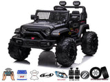 The Black 24V/4WD Xtreme Ride on Truck boasts off-road EVA wheels and a leather seat. Kids experience exciting rides with 4x4 drive, USB connectivity, and stylish stickers. Feature icons are shown below the vehicle.