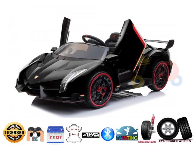 The Black 2X12V Limited Edition 4WD Lamborghini Veneno Ride on Car, RC features scissor doors, detailed decals, and vibrant red accents. This black 2-seater sports car offers a thrilling ride and ensures safety with a parental remote control. It includes a leather seat, rubber wheels, and suspension icons.